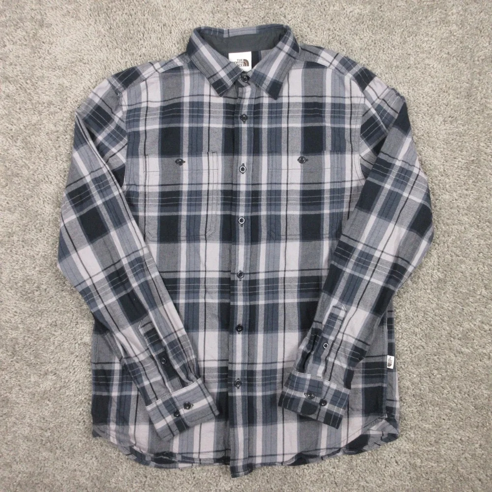 The North Face Shirt Mens Small Black‎ Gray Twill Flannel Pockets Work Button Up